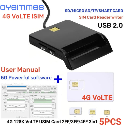 OYEITIMES SIM Card Reader Writer+5PCS 2FF/3FF/4FF Programmable 4G VoLTE  ISIM USIM Card WCDMA GSM USIM+SIM Personalize Tools