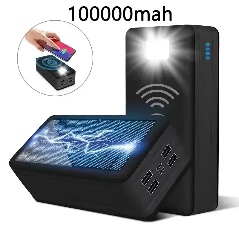 100000mAh Solar Power Bank Mobile Phone Wireless Charging Large Capacity External Battery Fast Charging For Travel And Camping