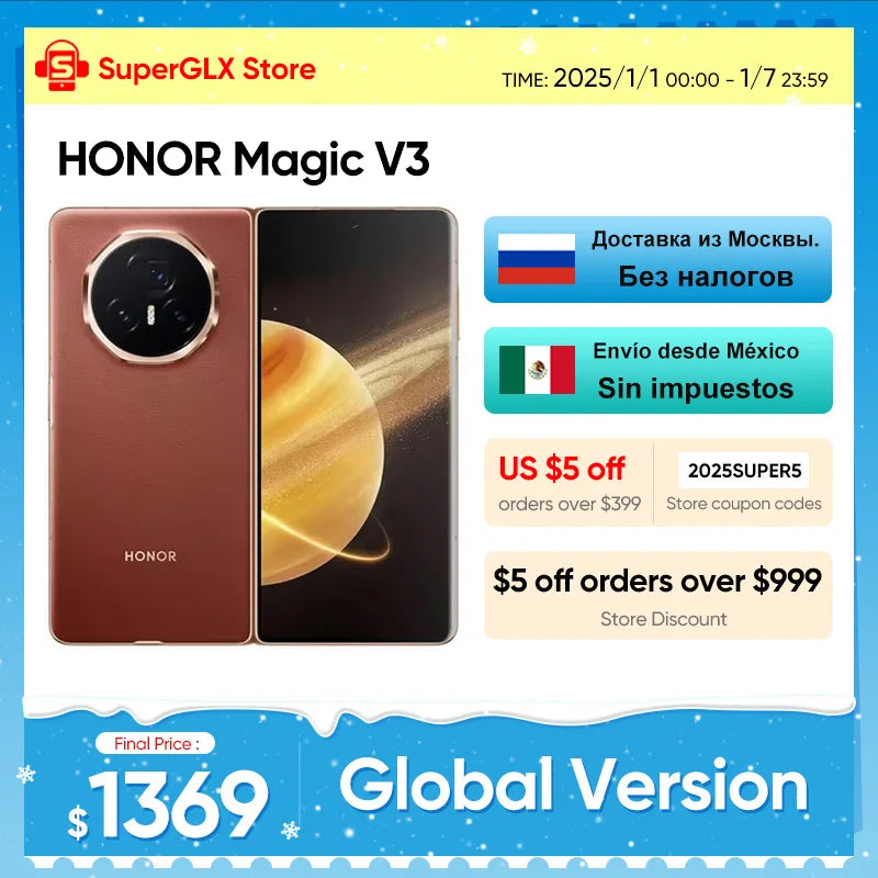 Global Version Honor Magic V3 5G Foldable LTPO AMOLED 120Hz Display 7.92" 50MP Triple Cameras Snapdragon 8 Gen 3 5150mAh 66W NFC