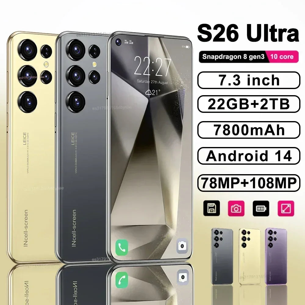 Original S26 Ultra Smartphone 5G 7.3inch HD 22G+2TB Cell Phone Dual SIM Mobile Phones 78+108MP 7800mAh Android 14 Unlocked NFC